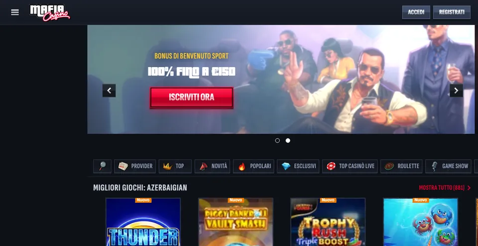 Homepage di Mafia Casino, bookmaker con licenza estera